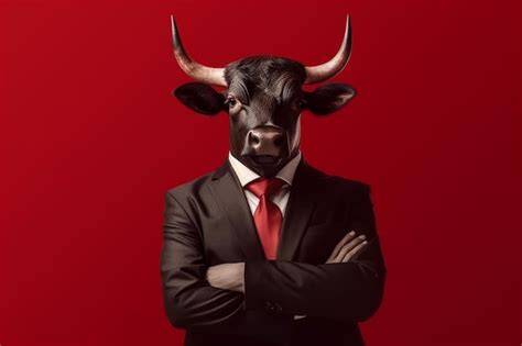 Retrato De Una Vaca Con Traje Rojo Y Corbata Roja Sobre Fondo Rojo