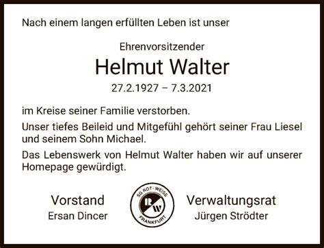 Traueranzeigen Von Helmut Walter Trauer Rheinmain De