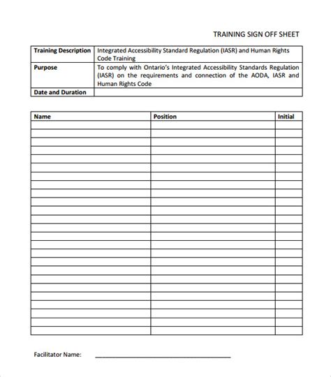 Free Sample Training Sign In Sheet Templates In Pdf