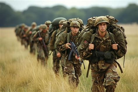 Un Grupo De Soldados Caminando Por Un Campo Foto Premium