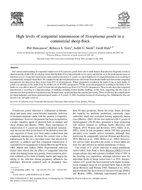 Pdf High Levels Of Congenital Transmission Of Toxoplasma Gondii In A Commercial Sheep Flock