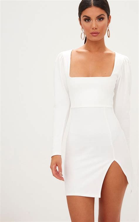 White Square Neck Puff Sleeve Bodycon Dress Bodycondresshomecoming