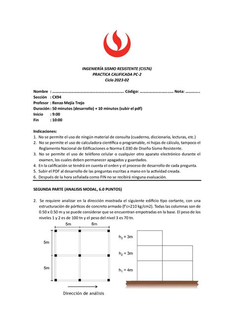 Practica 2 CX94 P2 PC2 PARTE 1 INGENIERÍA SISMO RESISTENTE CI576