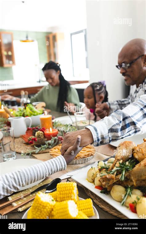 Happy african american multi generation family holding hands at ...