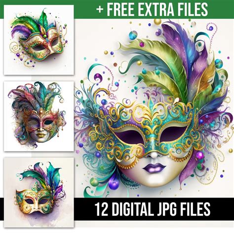 Watercolor Mardi Gras Mask Illustration Bundle Collection High Quality ...