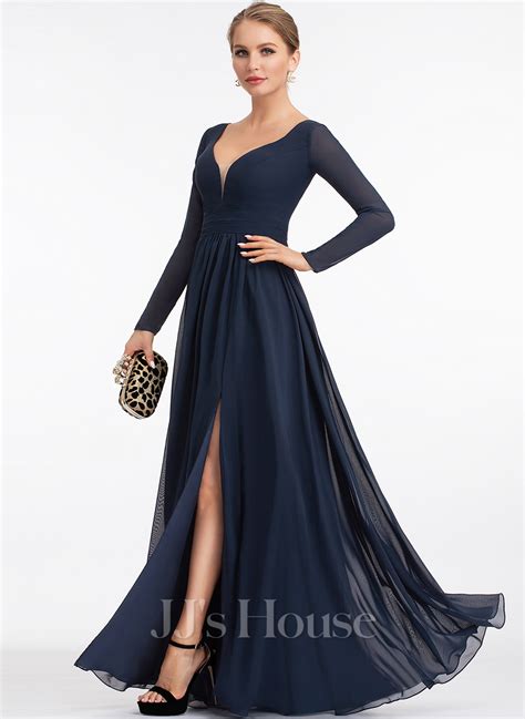 A Line V Neck Floor Length Chiffon Evening Dress With Split Front