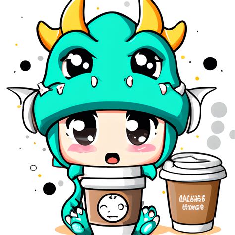 Cute Adorable Kawaii Chibi Dragon Wearing Beanie Hat With Coffee