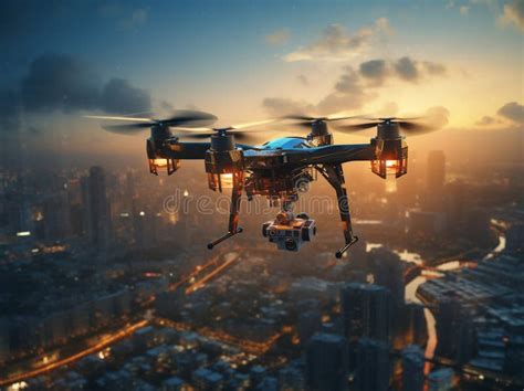 Drone Over Dystopian Cityscape At Sunset Stock Image Image Of Skyline