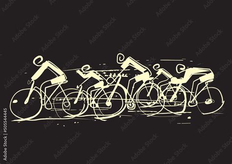 Cycling Race Line Art Stylized Cartoon Illustration Of Group Of