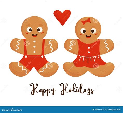 Cute Couple Of Christmas Gingerbread Gingerbread Man And Girl With Heart And Inscription Happy