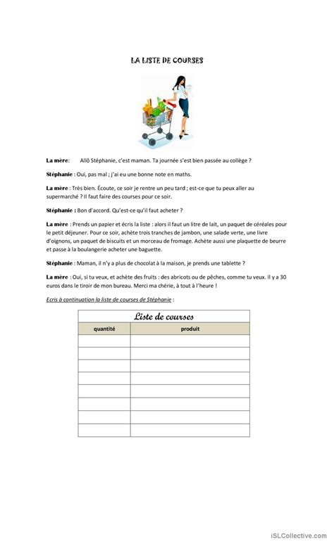 La Liste de courses Français FLE fiches pedagogiques pdf doc