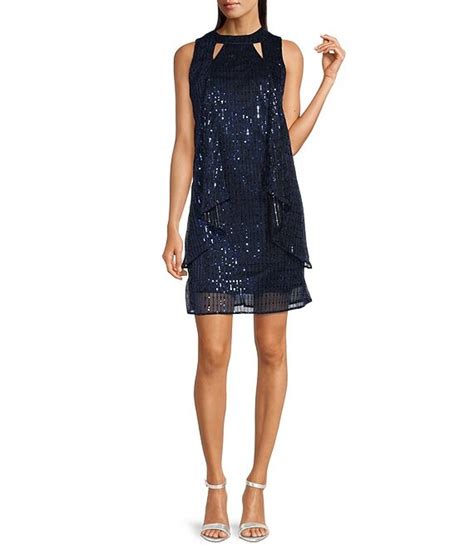 Leslie Fay Sequin Double Keyhole Neck Sleeveless Crinkle Dress Dillard S