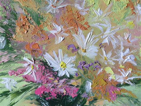 Absrtact floral oil painting of wild flowers in vase, original o ...