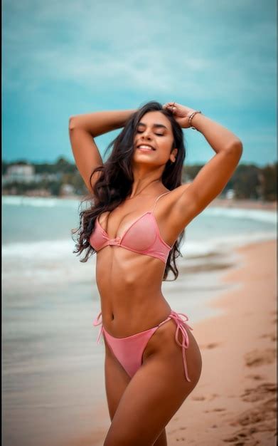 Premium Photo A Woman In A Pink Lingerie On The Beach