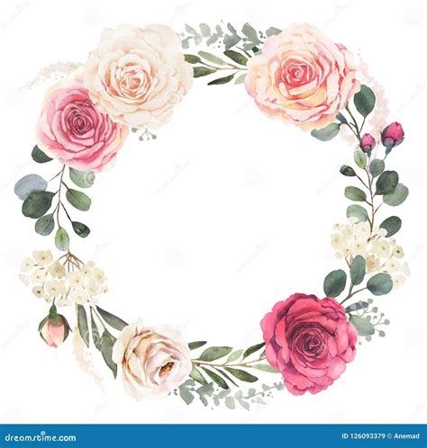 Watercolor Floral Wreath With Roses And Eucalyptus Stock Illustration