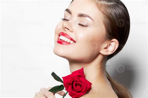 Cheerful Woman With Closed Eyes Naked Shoulders Rose Charm 22062396 Stock Photo At Vecteezy