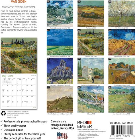 Red Ember Vincent Van Gogh Calendario Mensual De Pared Colgante