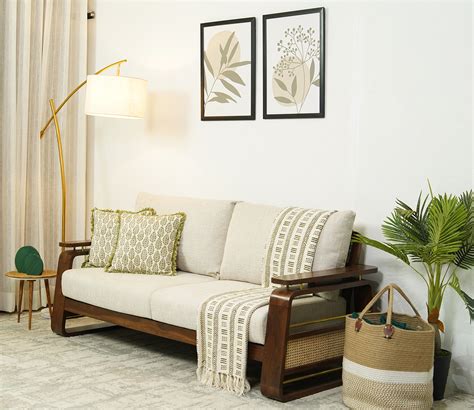 Buy Vedic Seater Sofa With Cane And Brass Detailing Teak Finish