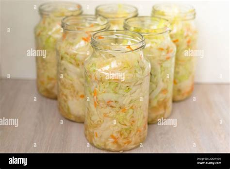 Sauerkraut Fermentation In Glass Jar Cut White Cabbage Fermented By Lactic Acid Bacteria Stock