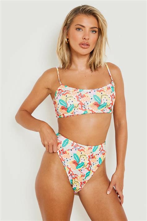 Womens Abstract Multi Scoop High Waist Bikini Set Boohoo Uk