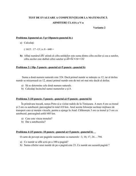 AcademiaABC Test de evaluare a competențelor la matematică admitere