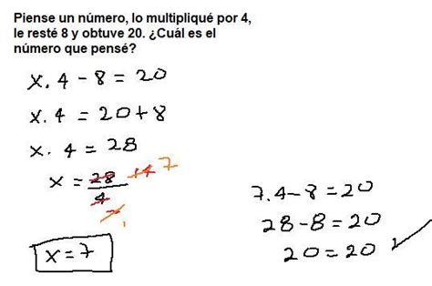 Pensé un número lo multipliqué por 4 le resté 8 y obtuve 20 Cuál es