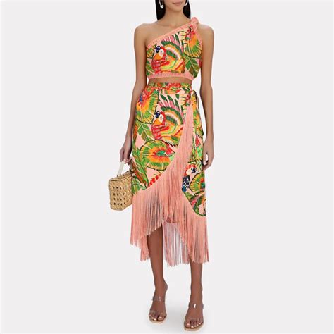 Bikini Vintage Con Estampado Bordado De Un Hombro Y Falda De Flecos Traje De Ba O