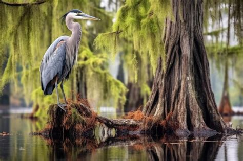 Premium AI Image A Heron Perched On A Cypress Tree In A Swamp