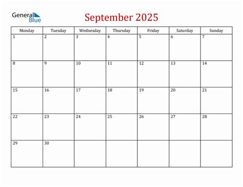 September 2025 simple calendar with monday start