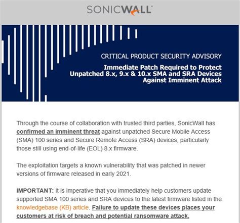 SonicWall Warns Of Critical Ransomware Risk To EOL SMA 100 VPN Appliances