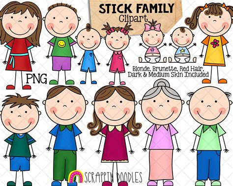 Stick Family Clip Art - Various Hair Colors - Stick Figures - Stick Fa ...