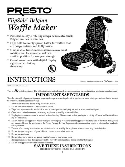 Presto FlipSide Belgian Waffle Maker Manual | PDF | Waffle | Baking Powder