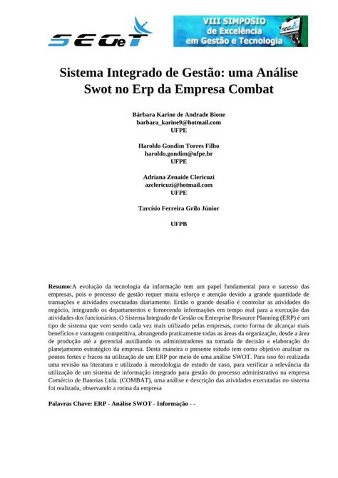 PDF Sistema Integrado de Gestão uma Análise Swot no Erp da PDF