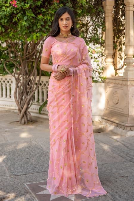 Buy Pink Saree Chiffon Hand Embroidered Gota Patti With Unstitched