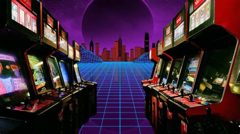 Download Arcade Machines In A City With A Purple Sky