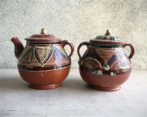 Vintage Mexican Pottery Sugar and Collectible Creamer Set, Redware ...