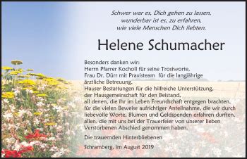 Traueranzeigen Von Helene Schumacher Schwarzw Lder Bote Trauer