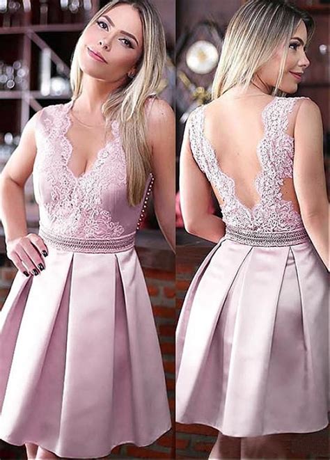 Satin V Neck Short Homecoming Dress With Lace Appliques Short