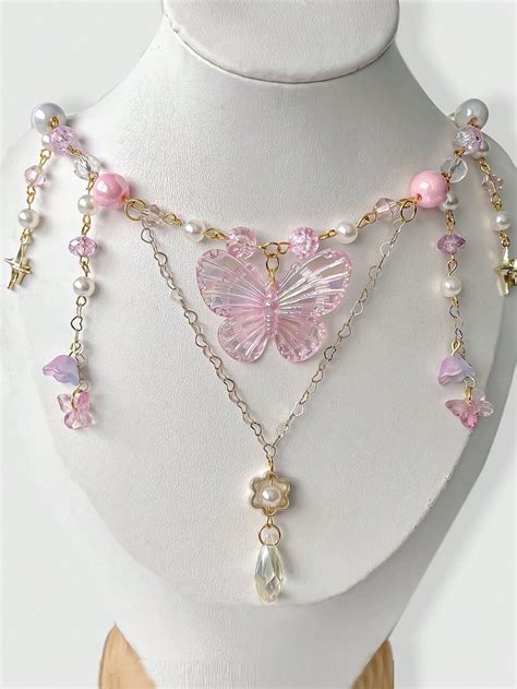 Romwe Fairycore 1pc Style Pink Butterfly And Lily Flower Pendant Necklace