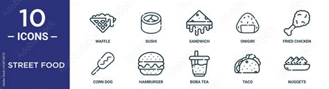 Vettoriale Stock Street Food Outline Icon Set Includes Thin Line Waffle