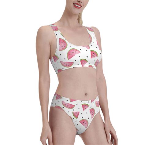 Junzan Watermelon Print Two Piece Bikini Sets Control Swimsuits High Waisted Bathing Suit U Neck