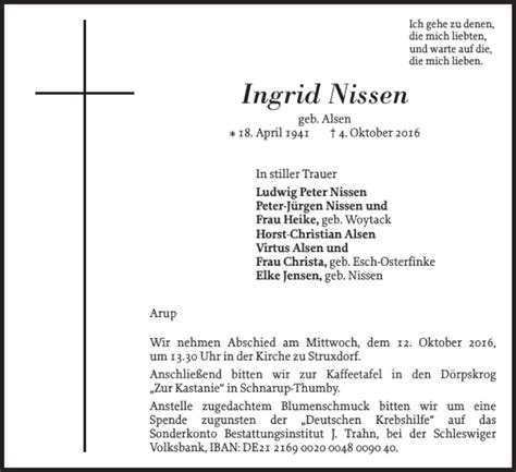 Traueranzeigen Von Ingrid Nissen Sh Z Trauer