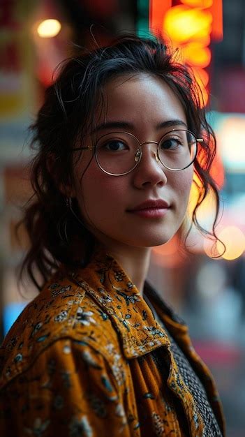 Premium Photo A Woman With Glasses Standing In Front Of A Neon Sign