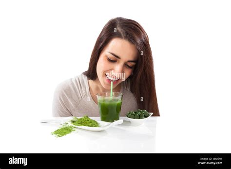 Beautiful Smiling Girl Drinking Green Drink Spirulina Chlorella And