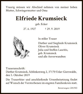 Traueranzeigen Von Elfriede Krumsieck Trauer HNA De