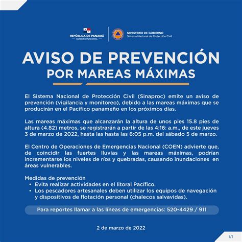 Aviso de Prevención por Mareas Máximas Sinaproc