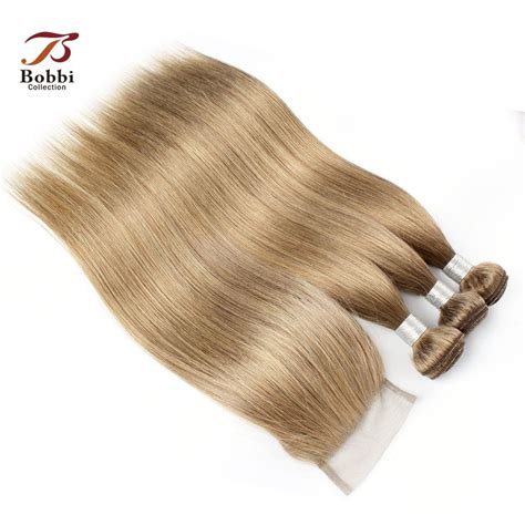 Brazilian Straight Hair Weave Bundles With Closure Ash Blonde Color 8 4 Bundles With 4x4 Lace