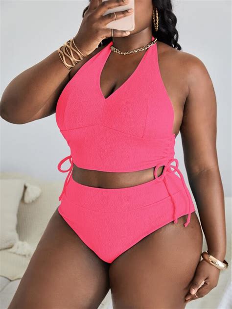 Plus Mono Bikini Set Drawstring Side Halter Top High Waist Bikini