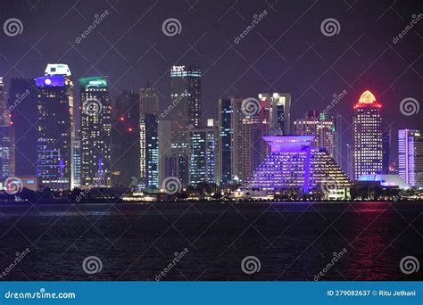 Skyline of Doha, Qatar, at Night Stock Image - Image of interest, gulf ...