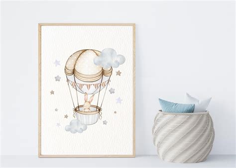 Watercolor Bunny Hot Air Balloon Nursery Wall Art Print Printable Gender Nuetral Nursery Wall